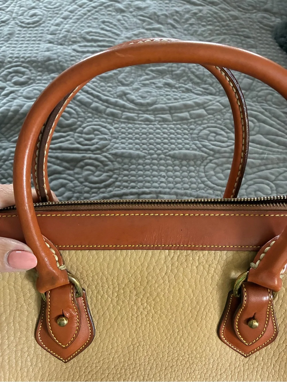 Dooney & Bourke Tan Pebble Leather Satchel with Brown Trim